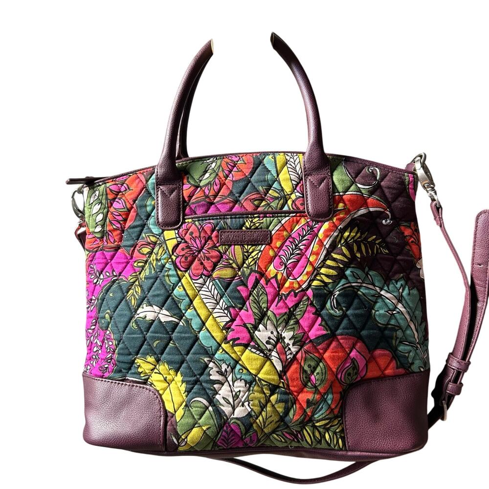 Vera Bradley Tote Mailbag Small Handles Maroon Quilted Floral Leather & Cloth
